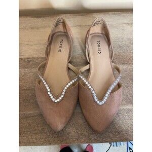 Torrid Womens Tan Rhinestone Pointed Ballet Flat Shoe Size 8.5WW faux Suede